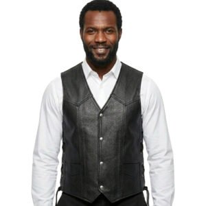 Man wearing Leather Mandi black leather biker vest, front view